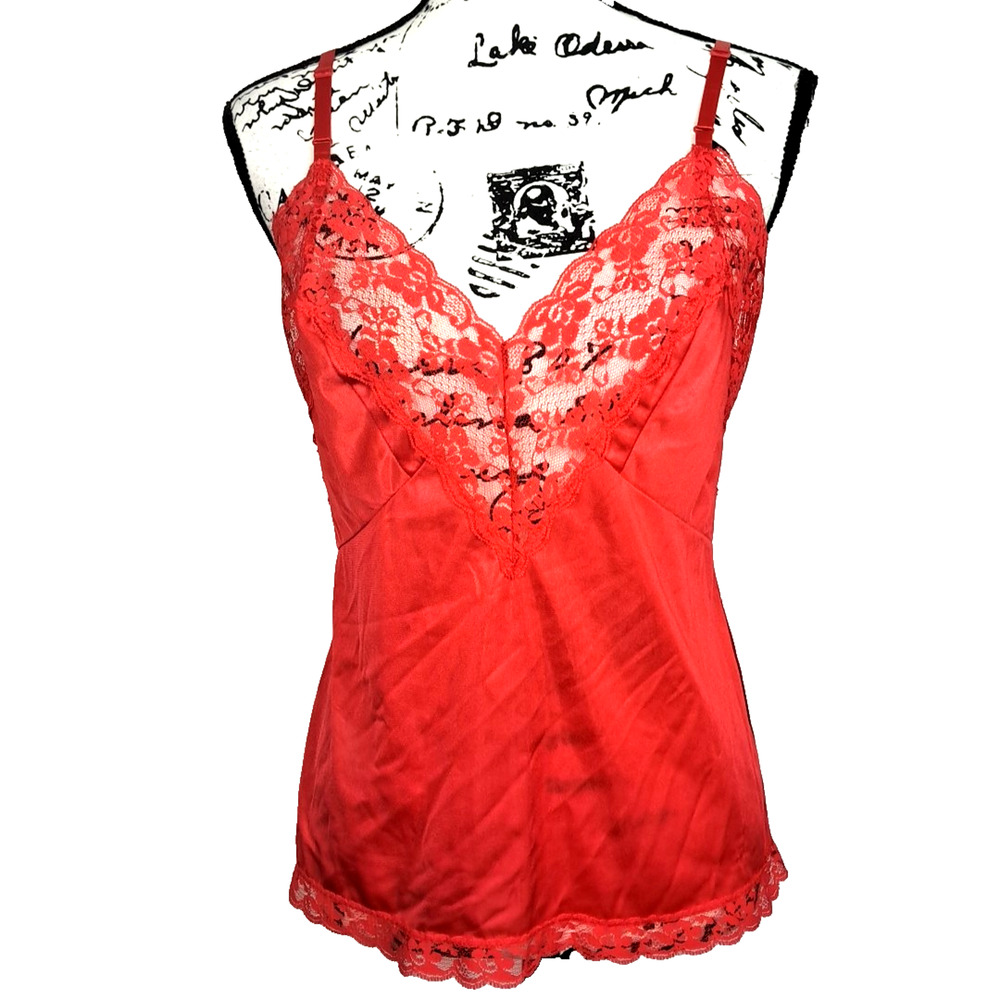 Vintage Dawn to Dusk Lace Satin Nylon Tank Cami Top Size M Red Goth Fairygrunge